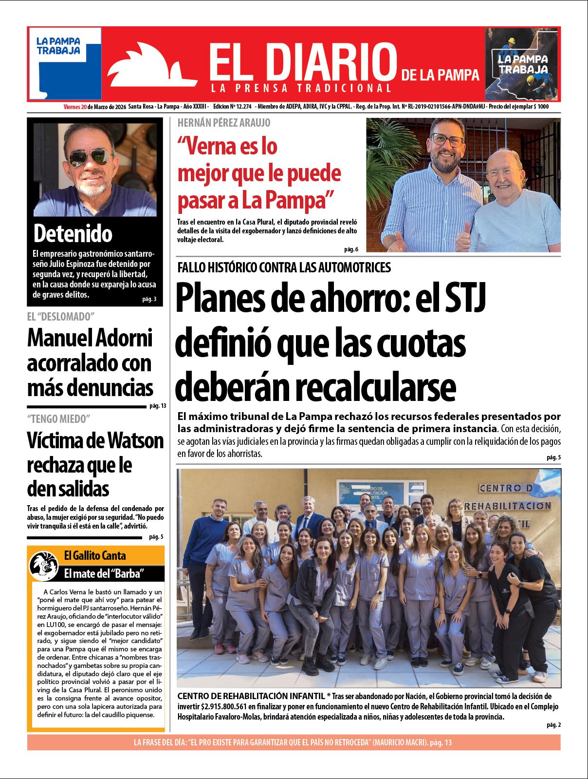 Tapa de El Diario en papel  viernes 20 de marzo de 2026